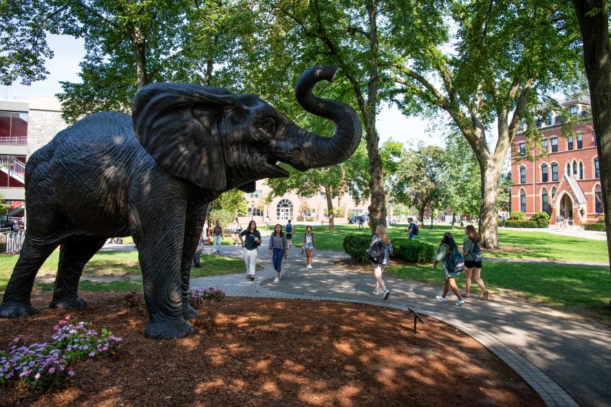 a statue of an elephant on a college campus 